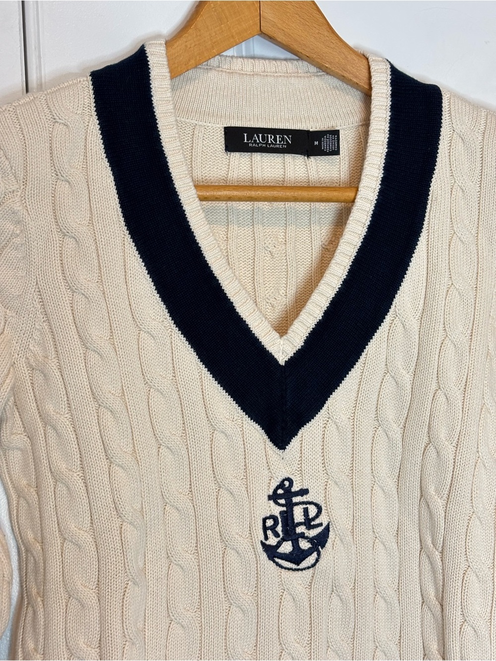 LAUREN Ralph Lauren Cable Knit Cotton Cricket Sweater Embroidered Anchor M - Picture 3 of 8